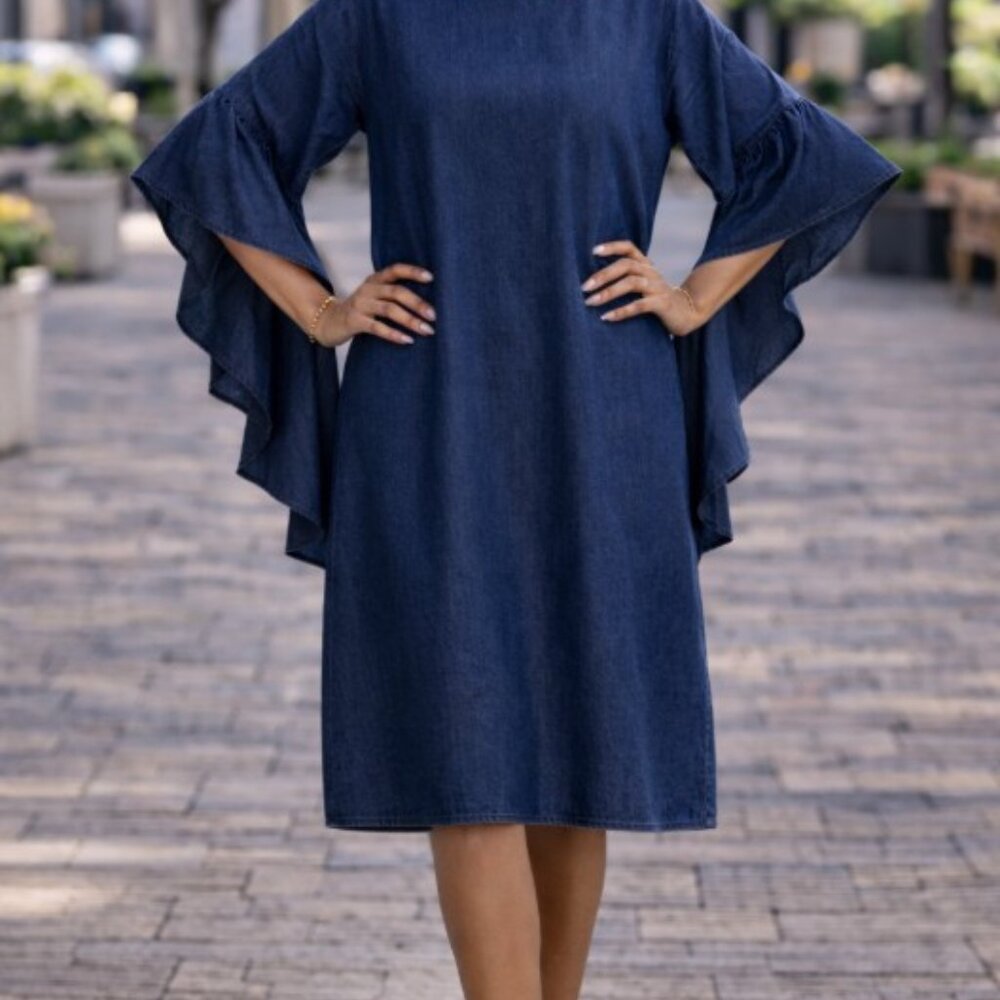 Ouum Dark Blue Jean Long Straight Casual Sheath Dress Flared Ruffle Sleeves